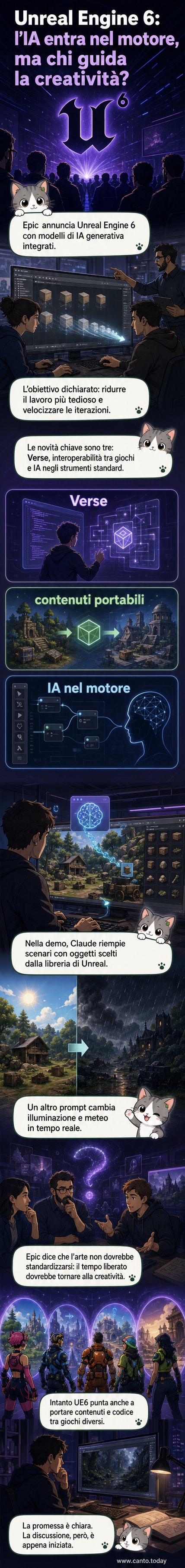 Illustrazione di uno sviluppatore che digita un prompt in un editor Unreal Engine 6, mentre un modello di IA genera automaticamente oggetti e modifica l'illuminazione in una scena di gioco.