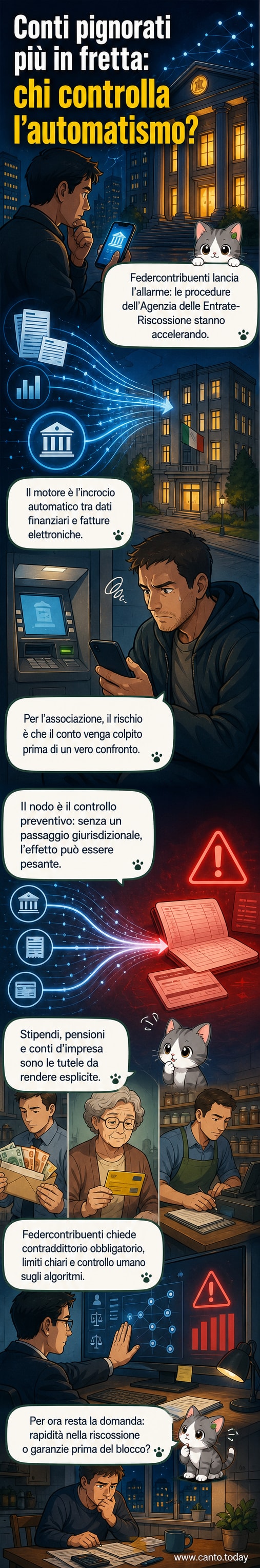 Illustrazione di un conto corrente con simbolo di blocco e dati digitali che fluiscono verso un sistema automatizzato.