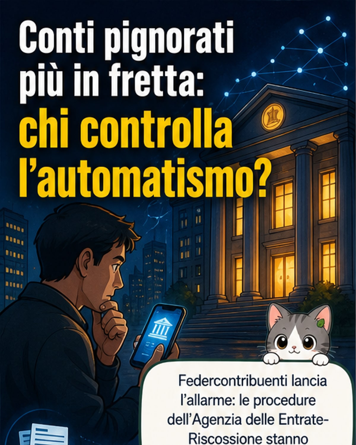 Illustrazione di un conto corrente con simbolo di blocco e dati digitali che fluiscono verso un sistema automatizzato.