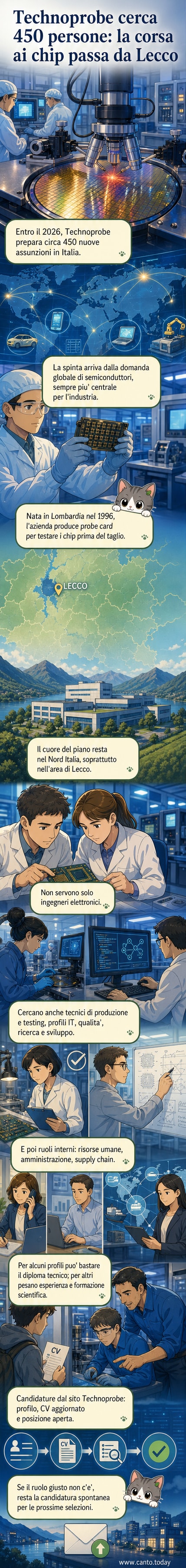 Illustrazione di un chip elettronico con ingranaggi e frecce che indicano il flusso di lavoro in una fabbrica high-tech, con il logo Technoprobe in primo piano.