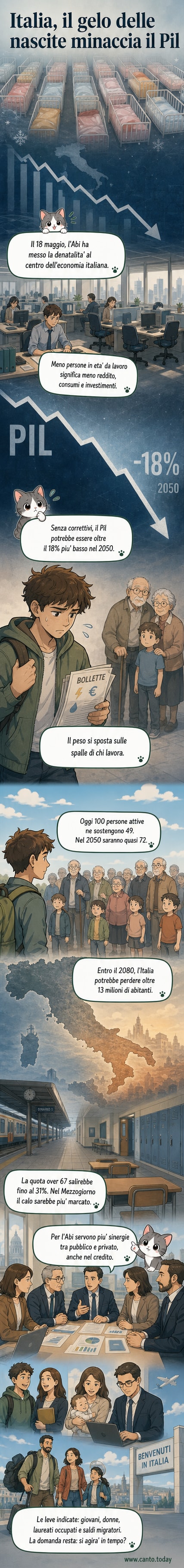 Grafico che mostra il calo della popolazione italiana e l'impatto previsto sul Pil entro il 2050, con confronto tra scenario attuale e senza interventi.