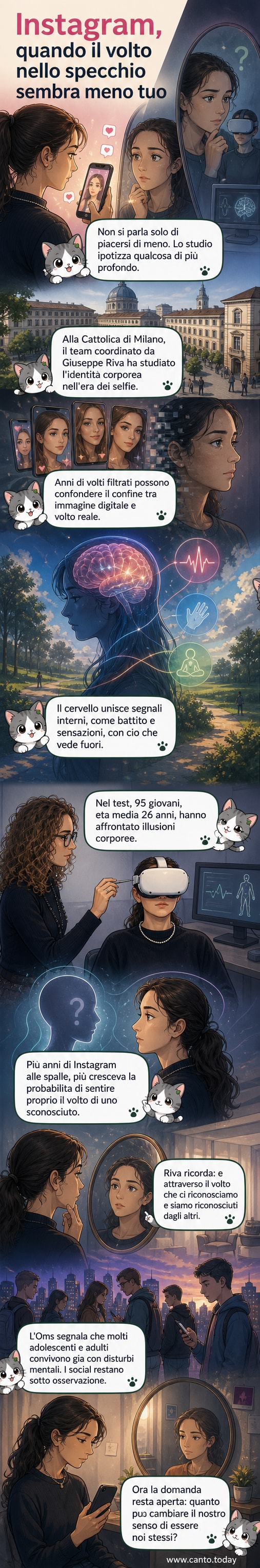 Illustrazione di un giovane che guarda il proprio riflesso in uno specchio, ma l'immagine riflessa è distorta e parzialmente sostituita da un feed di Instagram con selfie filtrati.