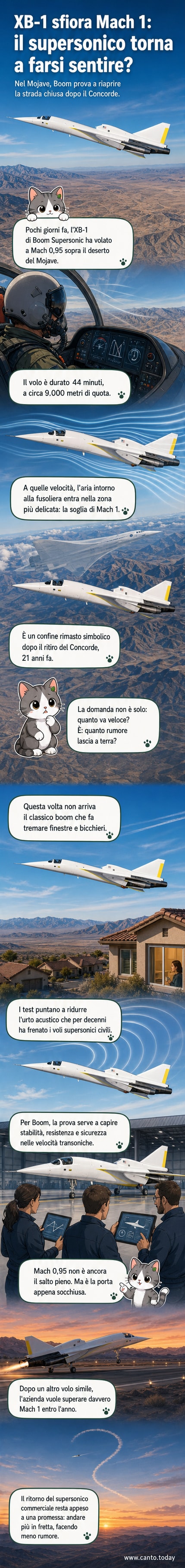 Un jet supersonico XB-1 in volo nel cielo del deserto del Mojave, con linee aerodinamiche e scie di pressione visibili durante l'avvicinamento a Mach 1.