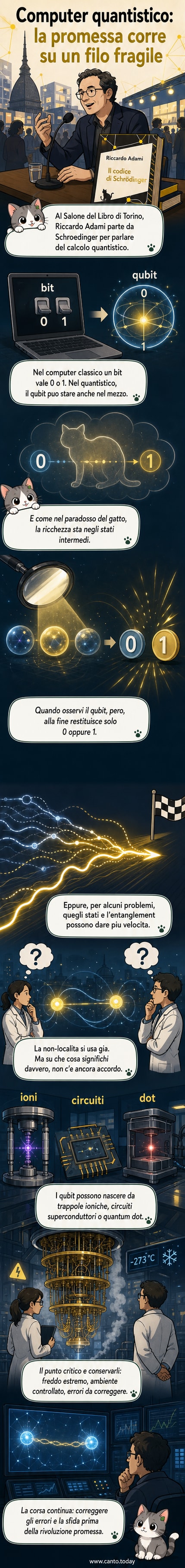 Illustrazione di un computer quantistico con qubit rappresentati come sfere in sovrapposizione tra 0 e 1, circondato da linee di connessione che simboleggiano l'entanglement e un ambiente criogenico.