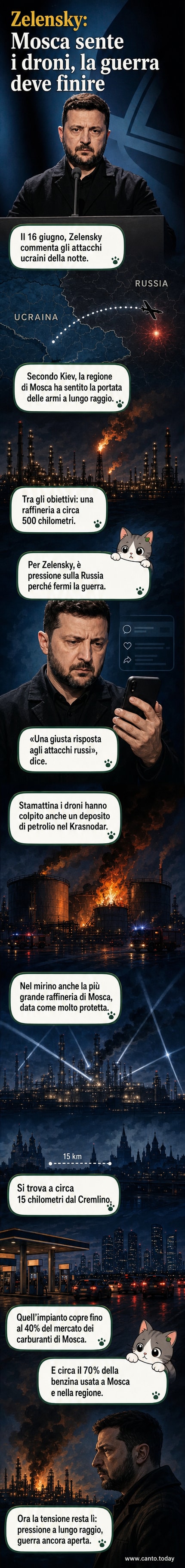 Illustrazione di droni in volo verso una raffineria in fiamme con il Cremlino in lontananza, simbolo dell'attacco ucraino a Mosca.