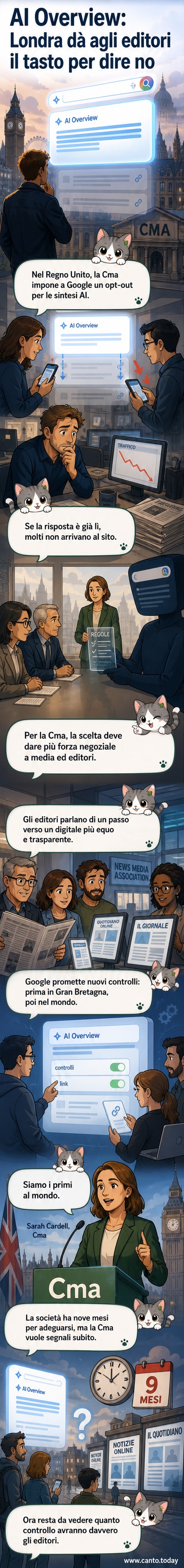 Illustrazione di un giornale che rifiuta di essere inglobato da un'intelligenza artificiale rappresentata come un robot che offre una sintesi di notizie.