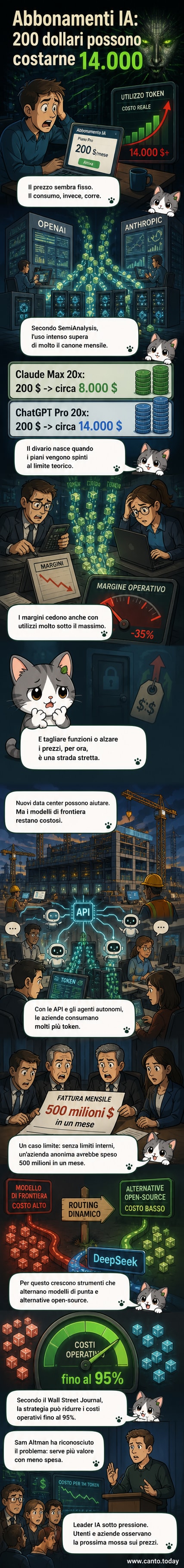 Un grafico mostra il costo reale dei token IA rispetto al prezzo degli abbonamenti mensili, con un forte divario tra spesa e ricavo per OpenAI e Anthropic.