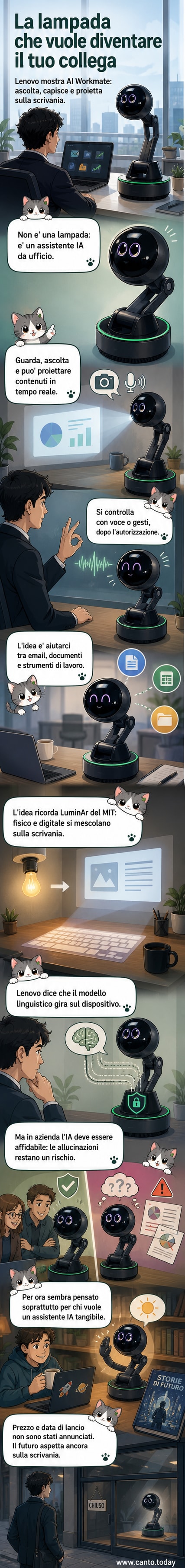 Concept di una lampada robot con base nera, braccio articolato e piccolo schermo che mostra un volto animato sorridente, posizionata su una scrivania moderna con portatile e tazzina di caffè.