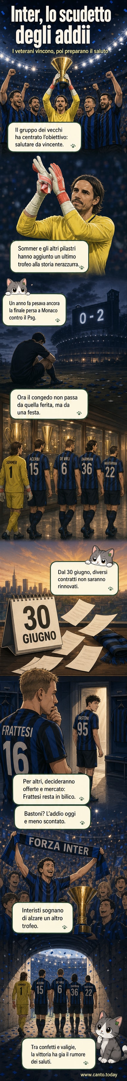 Un gruppo di giocatori dell'Inter in maglia nerazzurra alza la coppa dello scudetto, mentre bandiere sventolano sugli spalti. Alcuni giocatori mostrano gesti di commozione, segnando la fine di un'era.