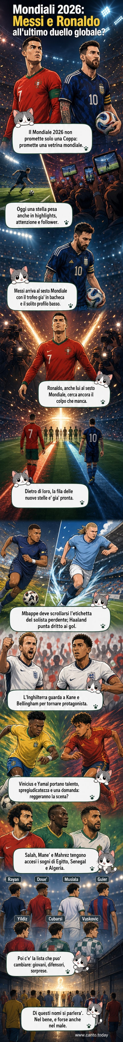 Illustrazione stilizzata di Messi e Ronaldo che si fronteggiano su un campo da calcio, con stelle e luci da palcoscenico, mentre giovani calciatori emergono alle loro spalle.