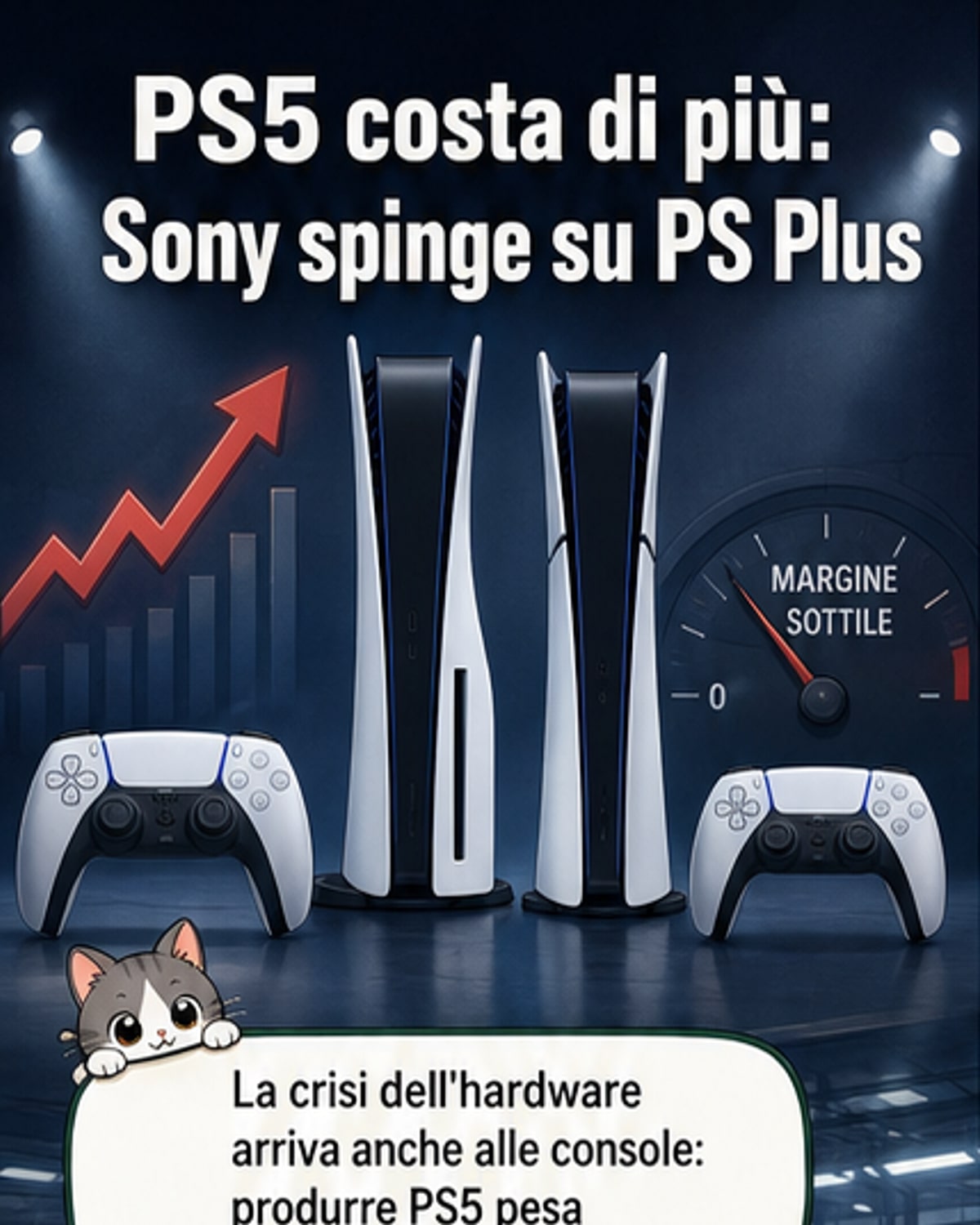 Illustrazione di una PS5 con frecce che indicano un passaggio verso un abbonamento digitale, simboleggiando lo spostamento strategico di Sony da hardware a servizi.