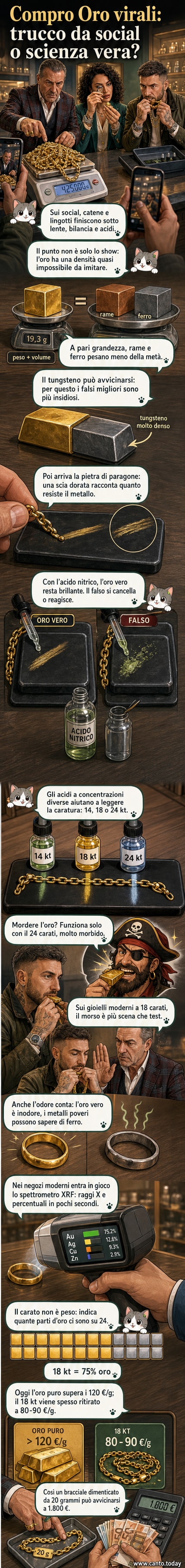 Un esperto in un negozio di Compro Oro analizza un gioiello con una goccia di acido su una pietra scura, mentre sullo sfondo si vedono bilance e strumenti di misurazione.