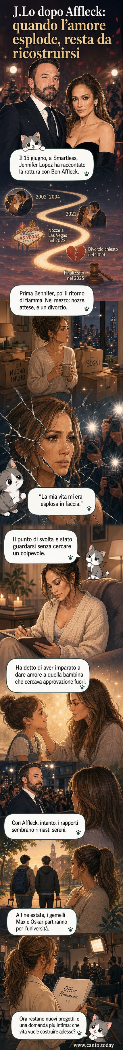 Illustrazione di Jennifer Lopez che riflette davanti a uno specchio, con immagini del passato e della crescita personale in sfondo.