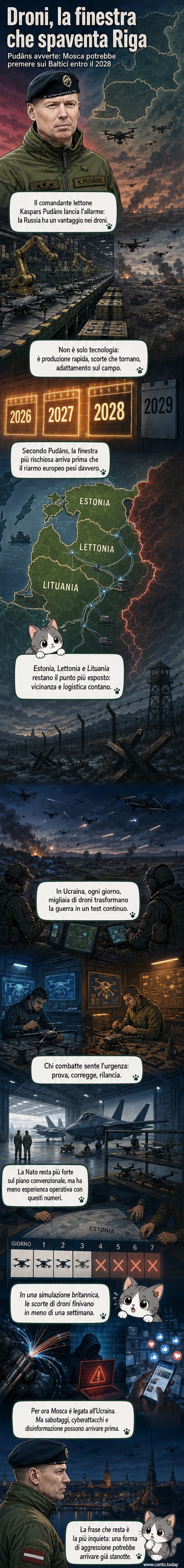 Illustrazione di droni militari in volo sul confine tra Russia e Paesi baltici, con simboli di allarme e tensione geopolitica.