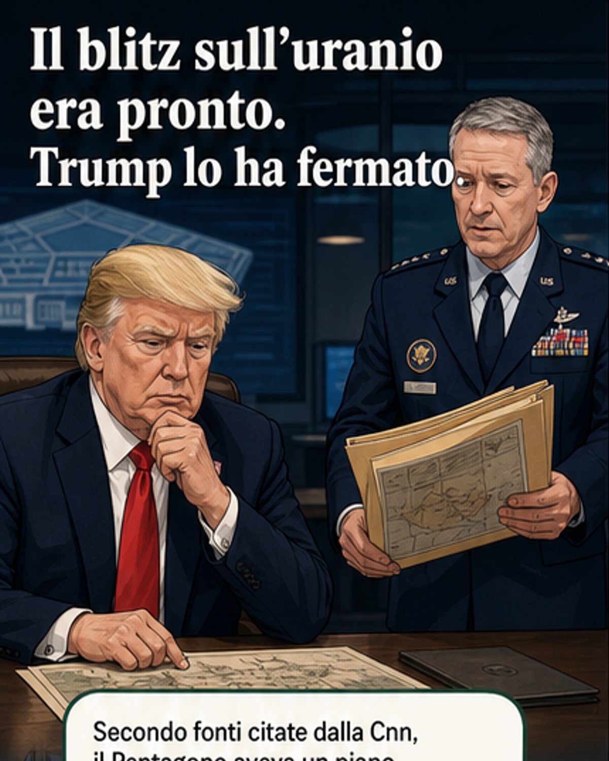 Illustrazione di un tavolo da guerra con mappa dell'Iran, documenti segreti e simboli nucleari, mentre una figura con la scritta 'Trump' tiene una mano alzata in segno di stop.