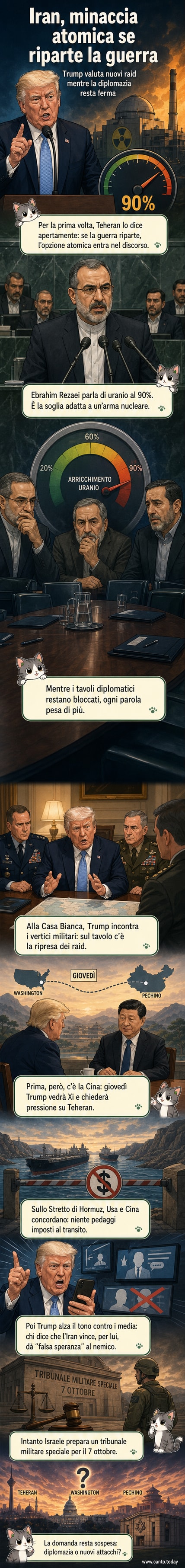 Illustrazione di un missile con simboli nucleari e bandiere di Iran, USA e Cina, con un Parlamento in background e uno stretto marittimo sorvegliato da navi militari.