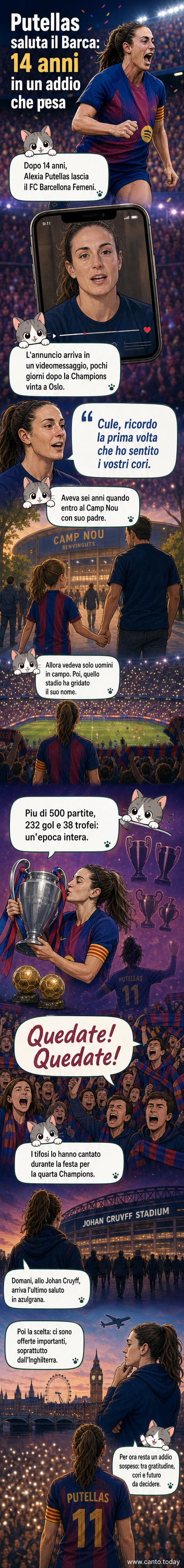 Alexia Putellas in maglia del Barcellona alza le braccia al termine della finale di Champions League a Oslo, con la scritta 'Grazie Alexia' sugli striscioni dei tifosi.