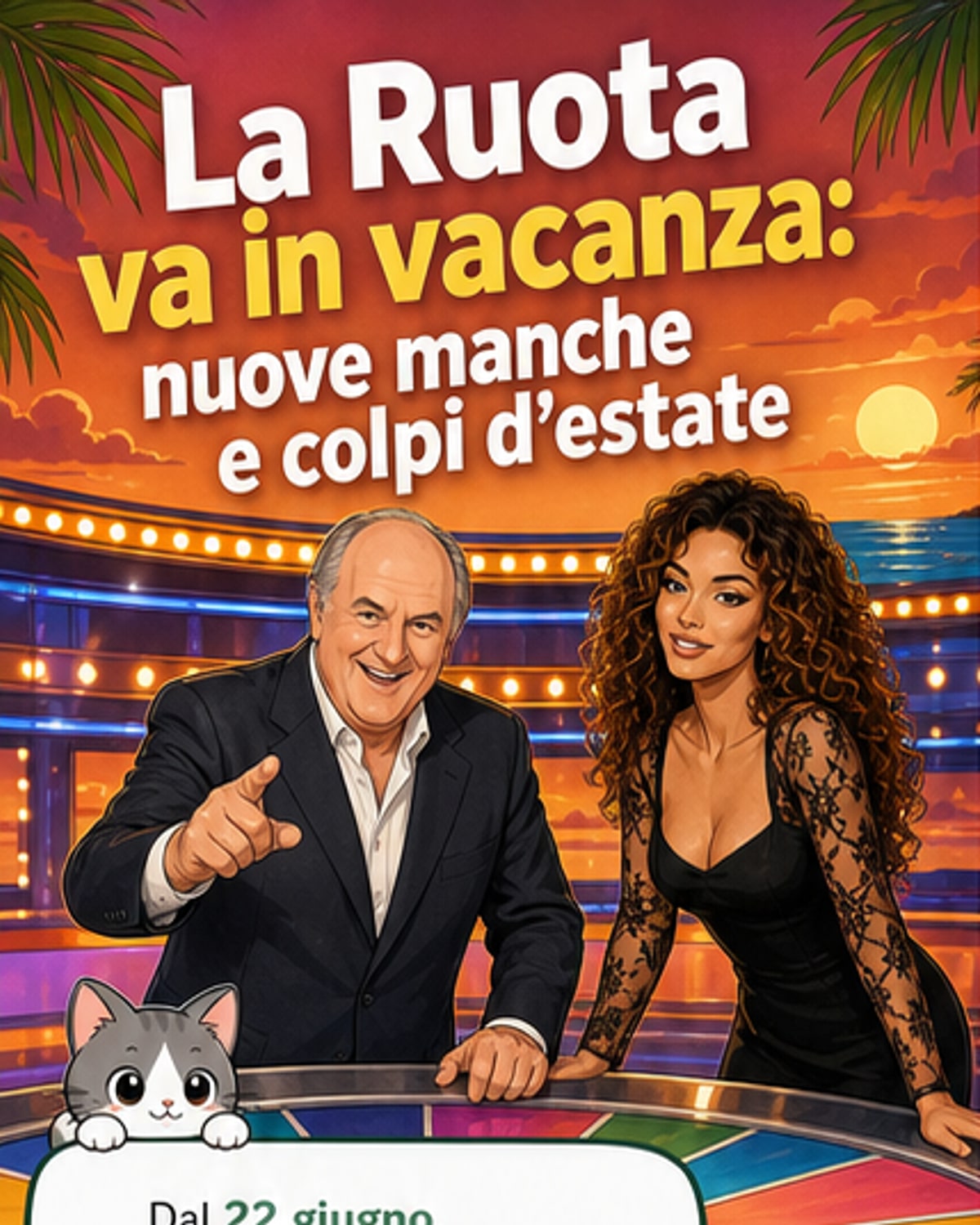 Gerry Scotti e Samira Lui in studio con la ruota del game show, ora con colori vivaci e icone a tema estate come popcorn e biciclette elettriche.