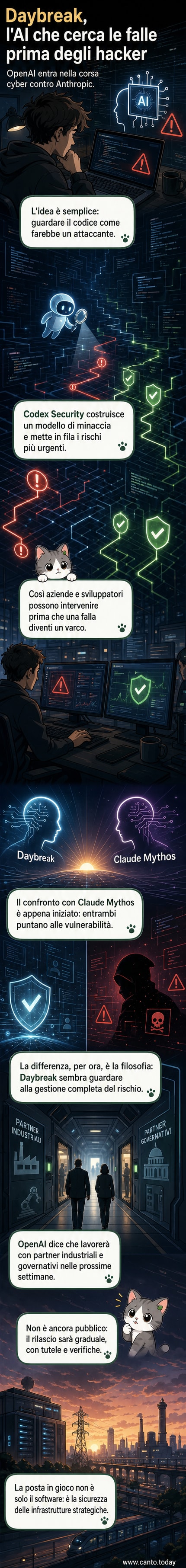 Illustrazione di un sistema di intelligenza artificiale che analizza linee di codice, con schermi che mostrano percorsi di attacco e protezioni in tempo reale.