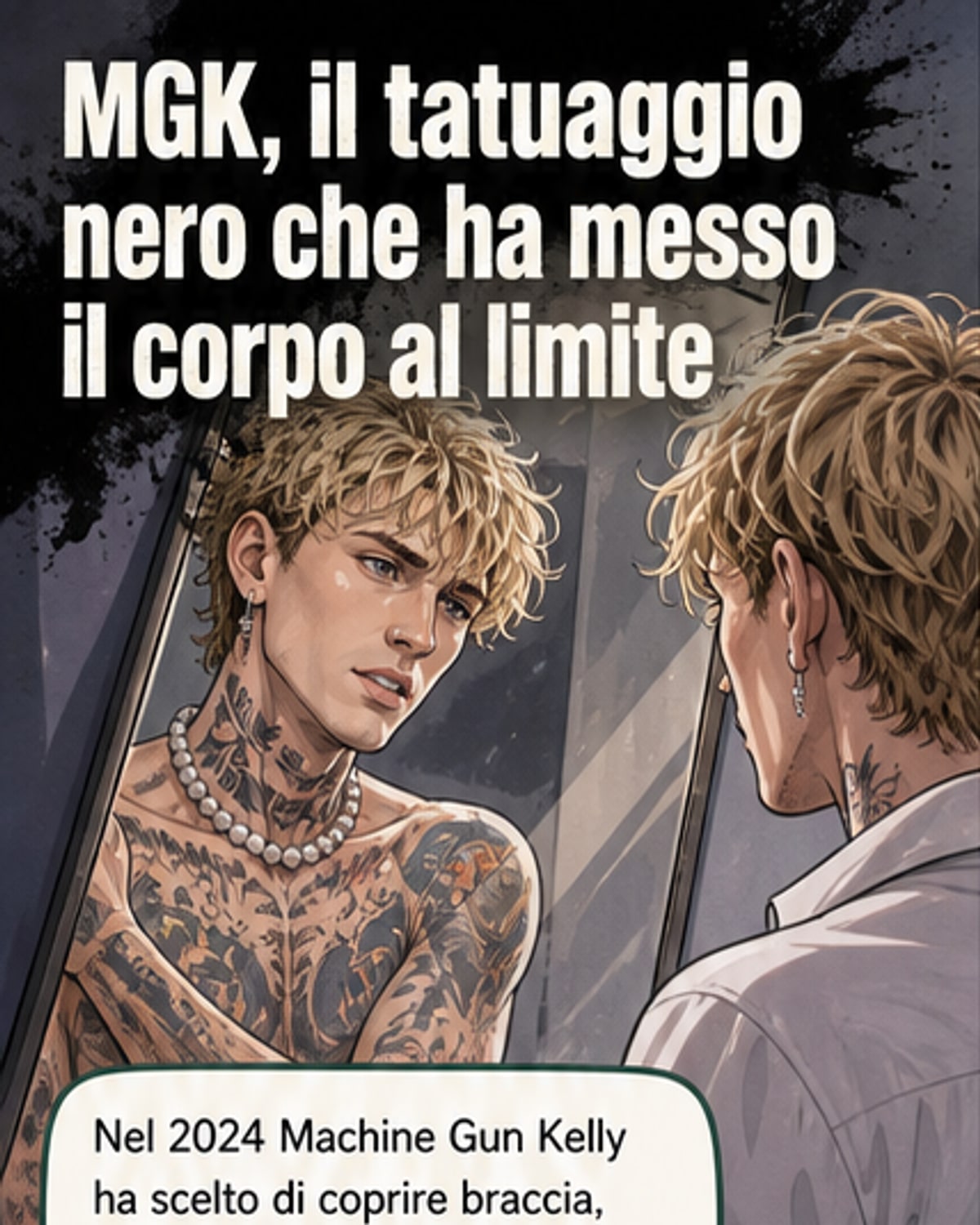 Rappresentazione artistica di Machine Gun Kelly con braccia coperte da un tatuaggio nero, volto teso per il dolore, in uno studio di tatuaggio.