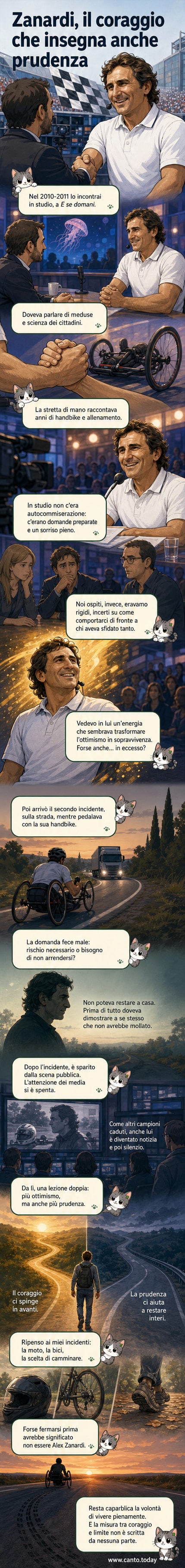 Illustrazione di Alex Zanardi su una bicicletta paralimpica, con un grande sorriso e un cielo aperto davanti, simbolo di determinazione e libertà.
