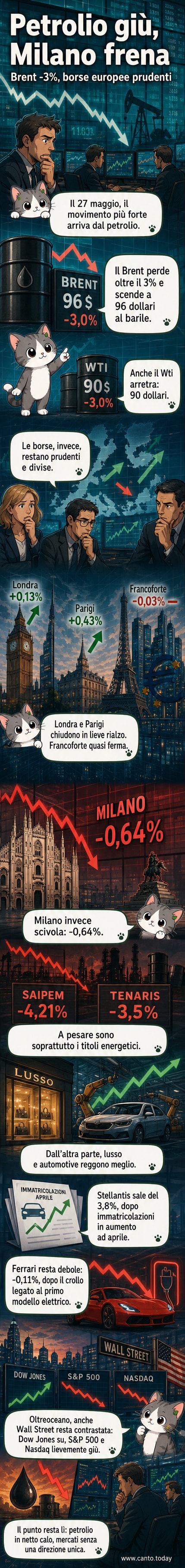 Grafico con andamento contrastato delle borse europee e freccia in calo sui prezzi del petrolio, con icone di barili e mercati azionari