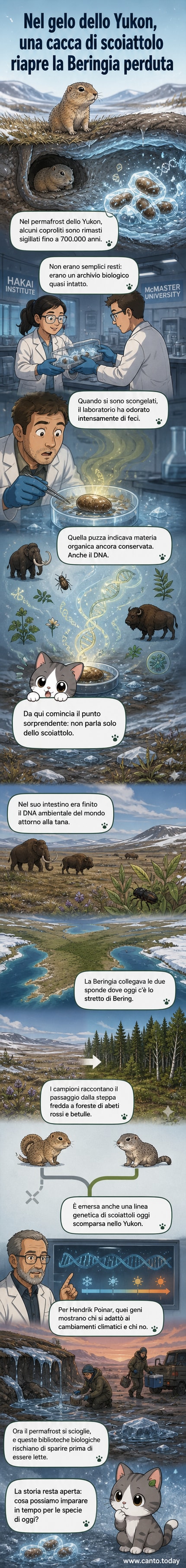Illustrazione di uno scoiattolo artico che deposita feci nel permafrost della Beringia 700.000 anni fa, con insetti, piante e mammut sullo sfondo.