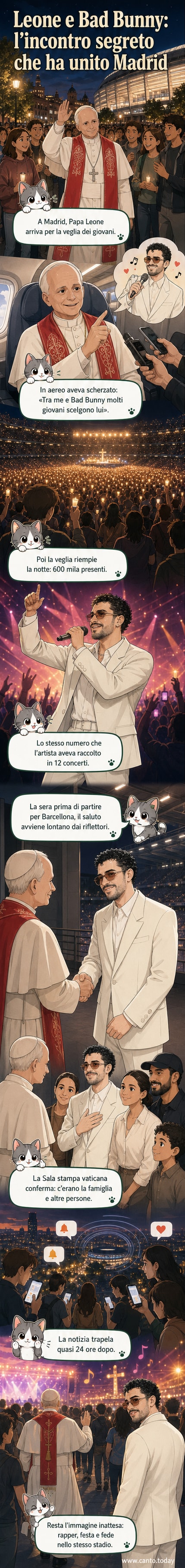 Illustrazione di Bad Bunny che saluta Papa Leone nello stadio Bernabeu di Madrid, con giovani in festa sullo sfondo.