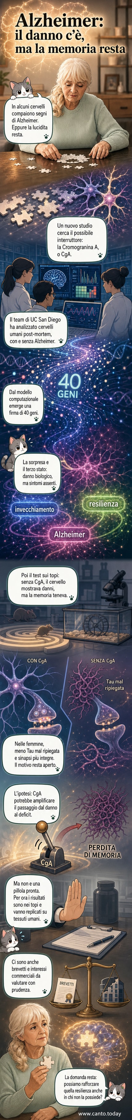 Un cervello umano con evidenziazione della corteccia prefrontale e rappresentazione molecolare della Cromogranina A che agisce come interruttore tra danno cerebrale e demenza.