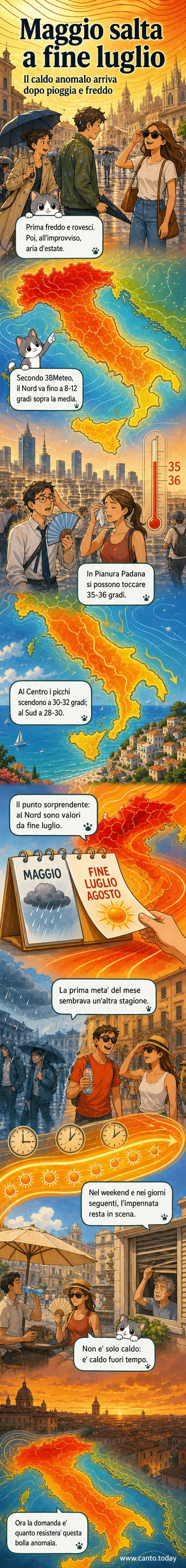 Mappa dell'Italia con colori arancioni e rossi che indicano temperature elevate a metà maggio 2026, con annotazioni sui valori massimi al Nord, Centro e Sud.