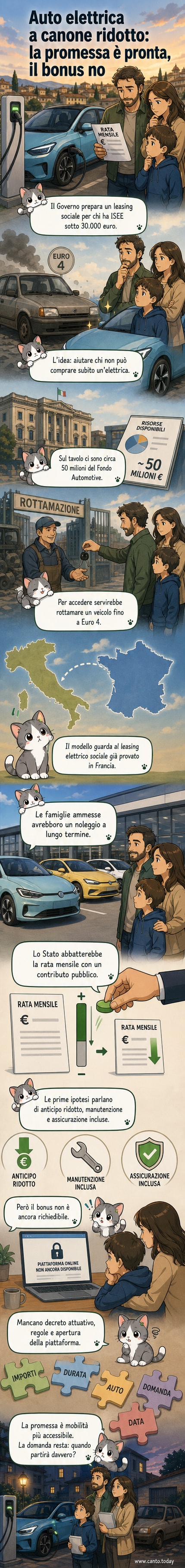 Illustrazione di un'auto elettrica in città con simboli di incentivi statali e famiglie, in stile webtoon.