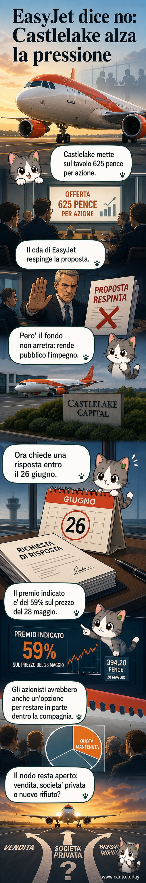 Illustrazione di un aereo Easyjet con un cartello 'Non in vendita' e un documento di offerta respinto sullo sfondo
