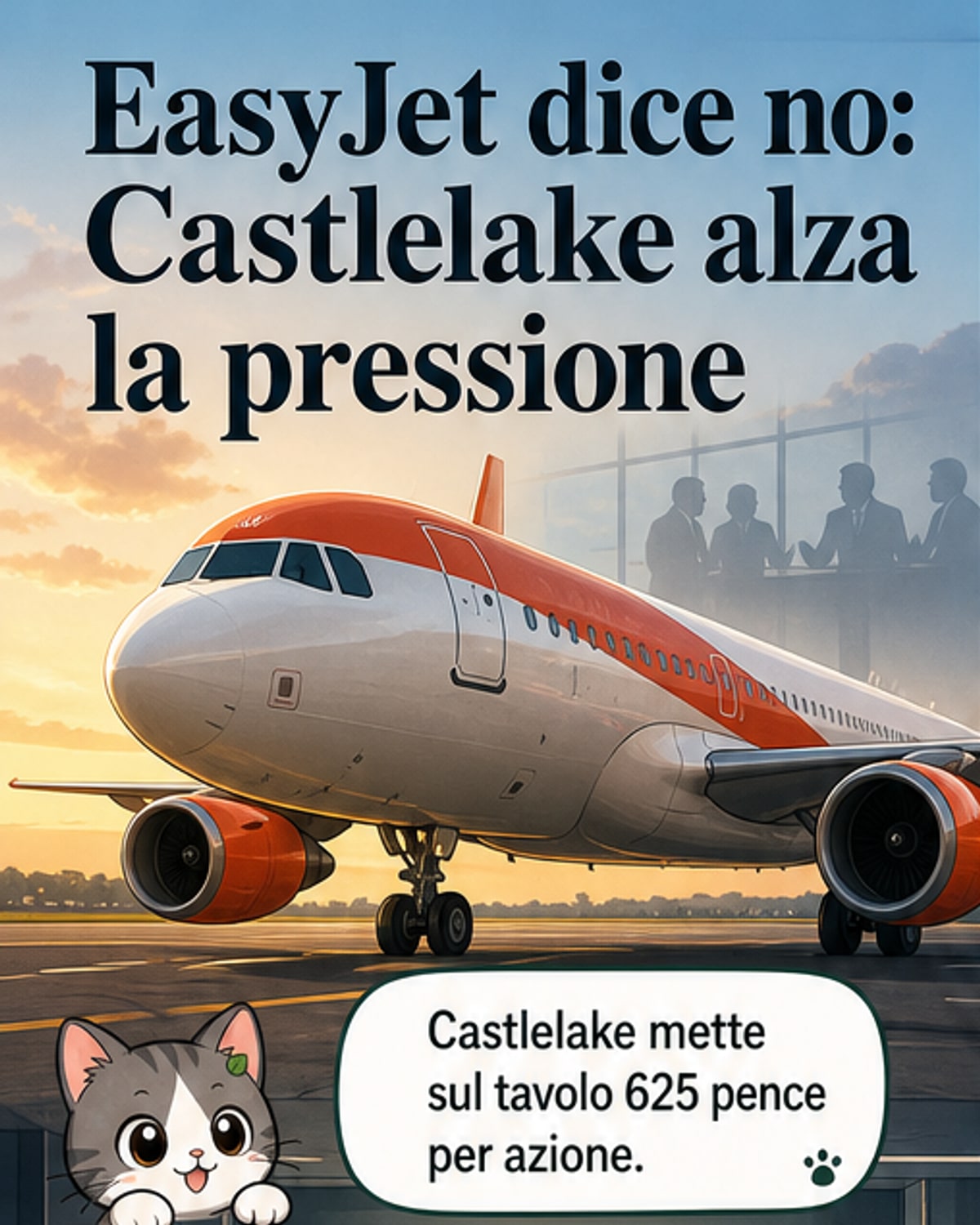 Illustrazione di un aereo Easyjet con un cartello 'Non in vendita' e un documento di offerta respinto sullo sfondo