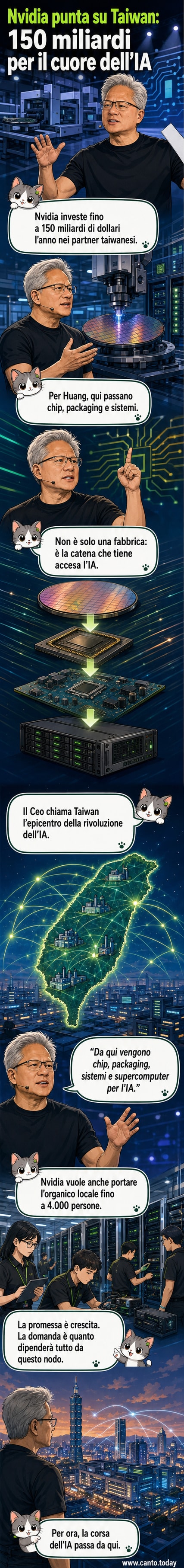 Illustrazione di un chip circondato da elementi tecnologici, con il logo di Nvidia e una mappa stilizzata di Taiwan.