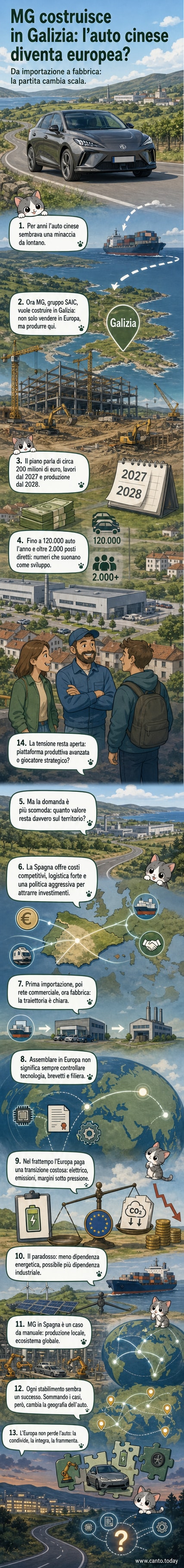 Un'auto elettrica MG in fase di assemblaggio in una moderna fabbrica in Spagna, con bandiere cinese ed europea in sottofondo simbolicamente distanti.