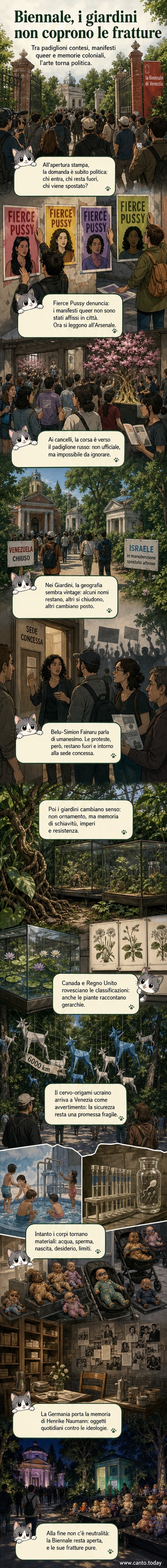 Illustrazione di un giardino veneziano con alberi fioriti, manifesti queer sulle mura, e una scultura di cervo-origami sospesa in cielo, con bandiere dei padiglioni in lontananza.