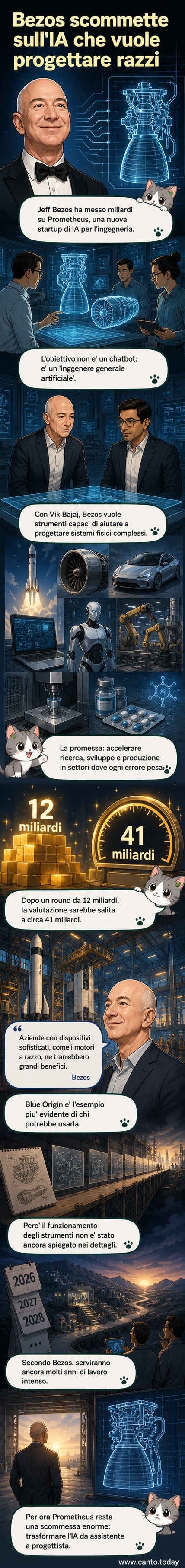 Illustrazione di Jeff Bezos che osserva un razzo progettato da un'intelligenza artificiale su uno schermo digitale, con circuiti e formule che fluttuano nell'aria.
