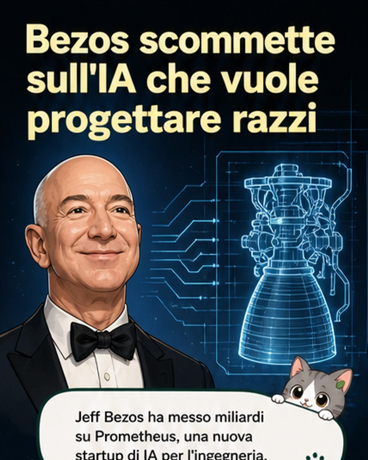 Illustrazione di Jeff Bezos che osserva un razzo progettato da un'intelligenza artificiale su uno schermo digitale, con circuiti e formule che fluttuano nell'aria.