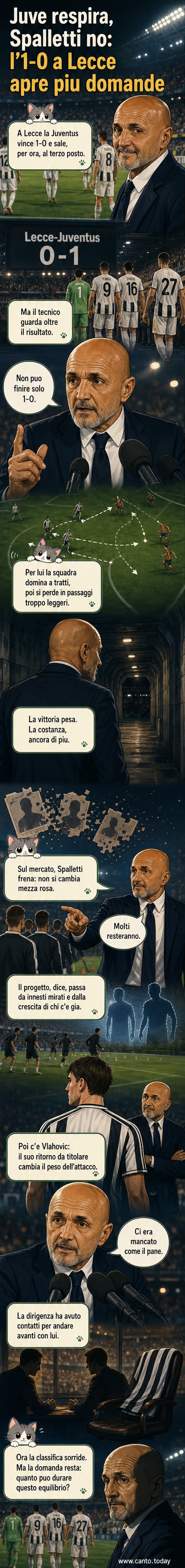 Luciano Spalletti in conferenza stampa dopo la vittoria della Juventus sul Lecce, con espressione critica nonostante il risultato positivo.