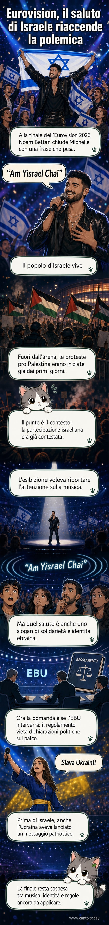 Illustrazione del palco dell'Eurovision 2026 con il cantante israeliano Noam Bettan che alza il braccio in segno di saluto dopo l'esibizione, mentre all'esterno dell'arena si vedono manifestanti con bandiere palestinesi.