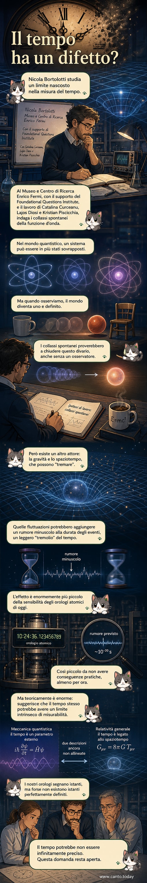 Illustrazione concettuale di un orologio con lancette sfocate, immerse in un tessuto spaziotemporale che vibra leggermente, a simboleggiare il 'tremolio' del tempo suggerito dalla ricerca.
