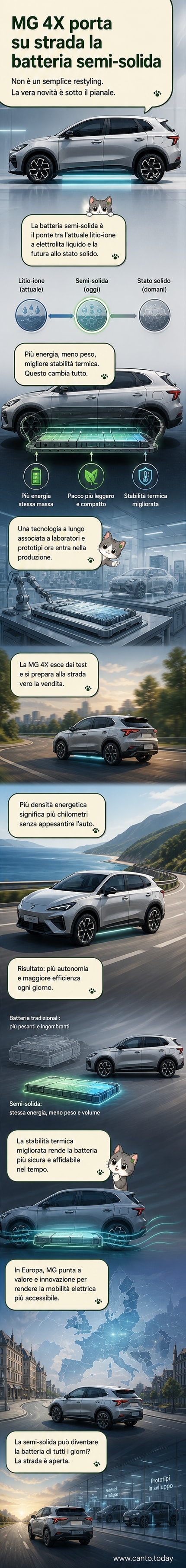Illustrazione di una MG 4X con sezione esplosa che mostra il pacco batteria allo stato semi-solido sotto il pianale, con grafica esplicativa delle componenti tecnologiche.