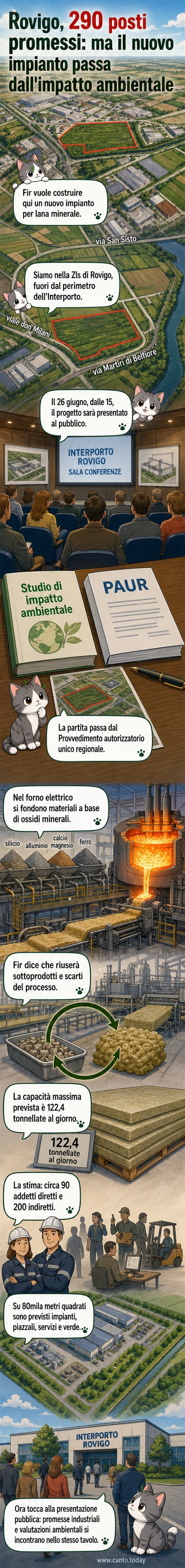 Illustrazione di un nuovo impianto industriale con pannelli solari, camini e operai in movimento, circondato da aree verdi e strade di accesso, con il logo Fir visibile sul capannone principale.