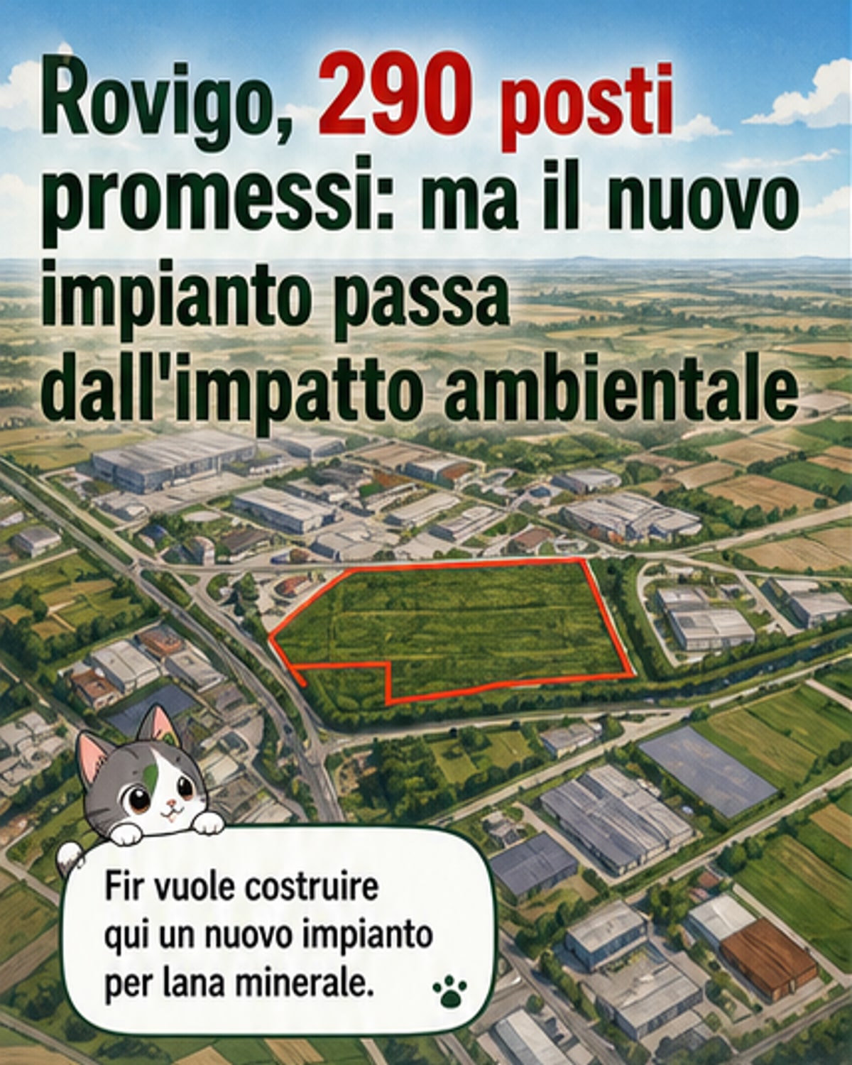 Illustrazione di un nuovo impianto industriale con pannelli solari, camini e operai in movimento, circondato da aree verdi e strade di accesso, con il logo Fir visibile sul capannone principale.