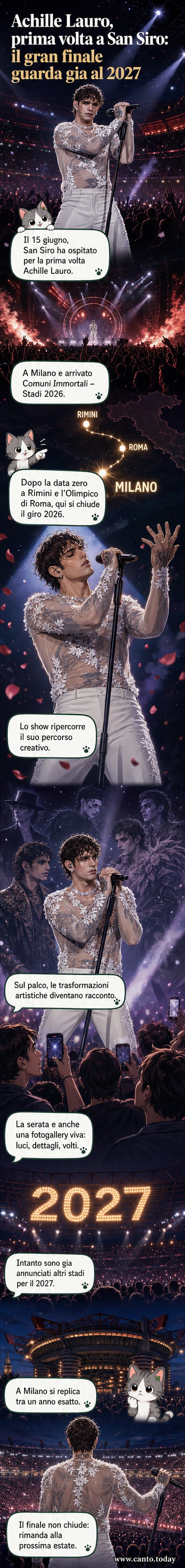 Achille Lauro sul palco di San Siro durante il suo primo concerto nello stadio milanese, illuminato da luci intense e circondato da fumo e fuoco, in una performance teatrale e visivamente potente.