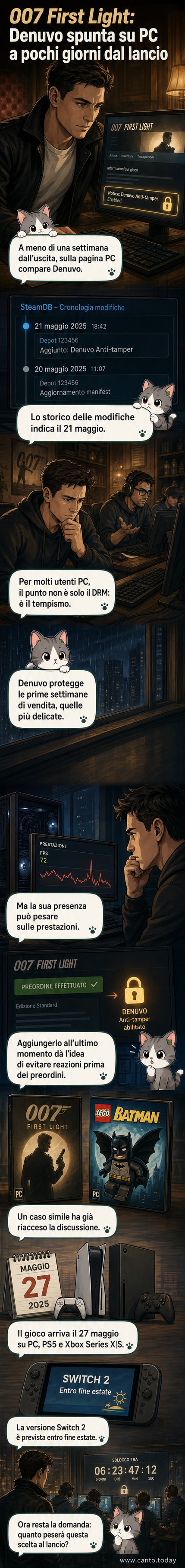 Un monitor mostra la schermata di 007 First Light su PC con il logo Denuvo in sovrimpressione, mentre un giocatore fissa lo schermo con espressione perplessa.