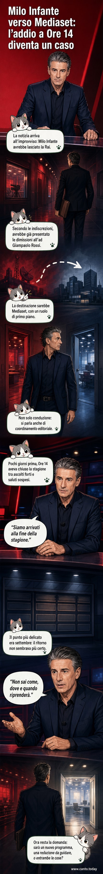 Illustrazione stilizzata di Milo Infante che lascia un palcoscenico Rai per entrare in uno studio Mediaset, con microfoni e schermi in sottofondo.