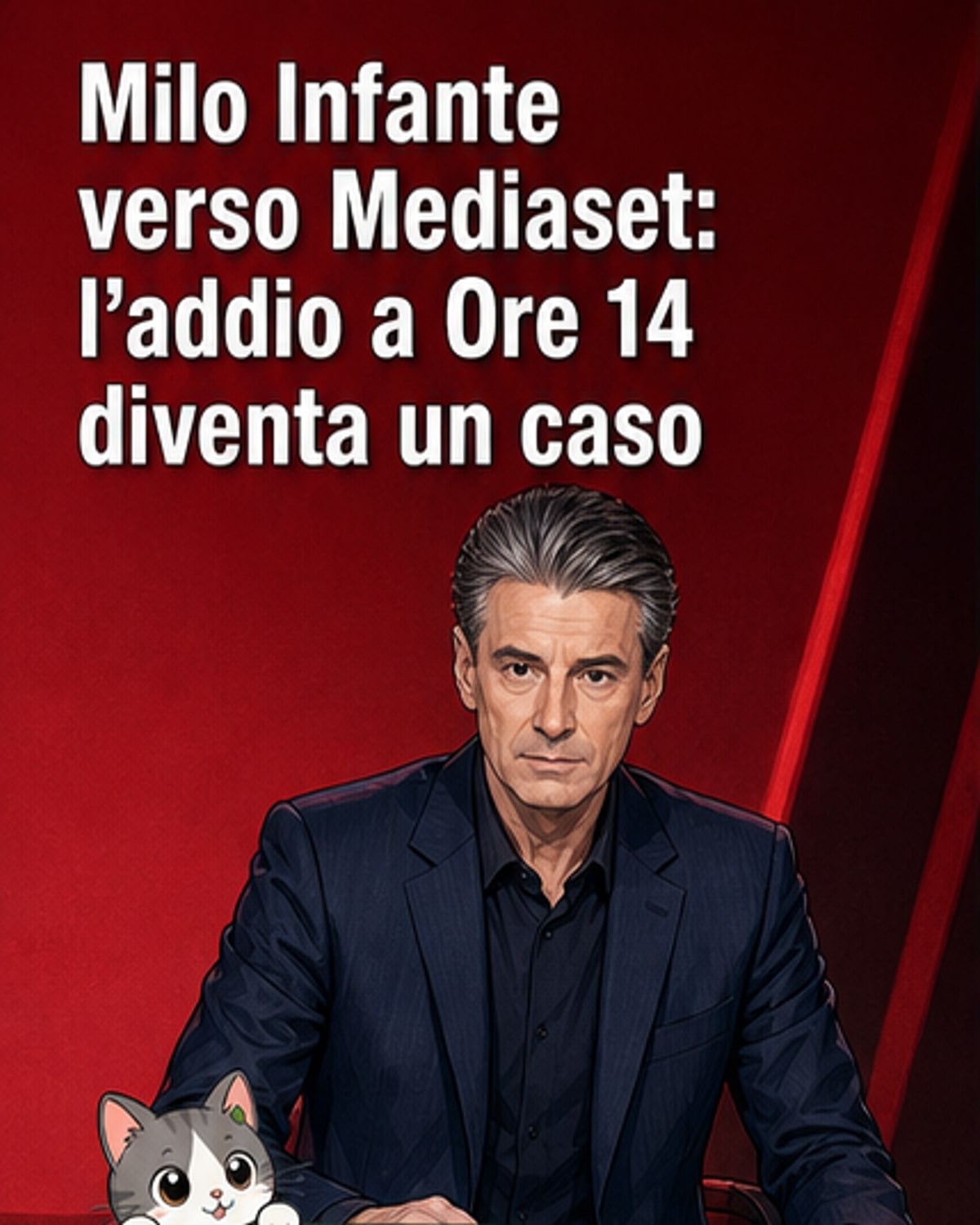 Illustrazione stilizzata di Milo Infante che lascia un palcoscenico Rai per entrare in uno studio Mediaset, con microfoni e schermi in sottofondo.