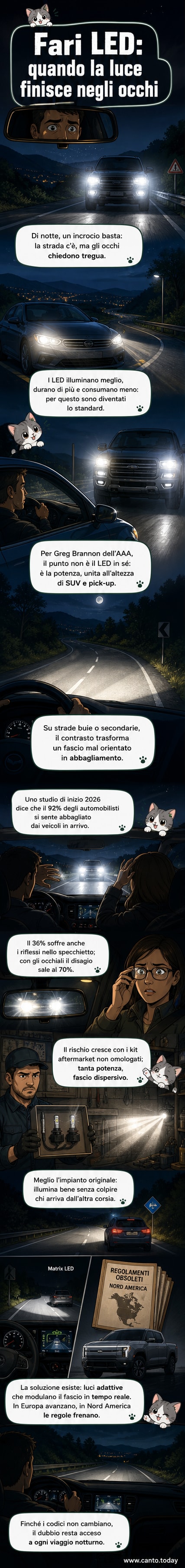 Un'auto con fari a LED accesi di notte, che illumina la strada ma crea un forte bagliore verso un'altra auto in senso opposto.