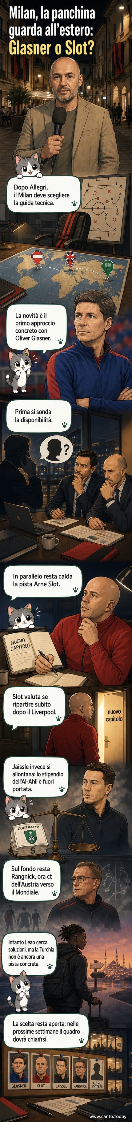 Illustrazione stilizzata di due panchine vuote con le maglie di Oliver Glasner e Arne Slot appese, sfondo rosso scuro con dettagli dorati, simboli del Milan in primo piano.